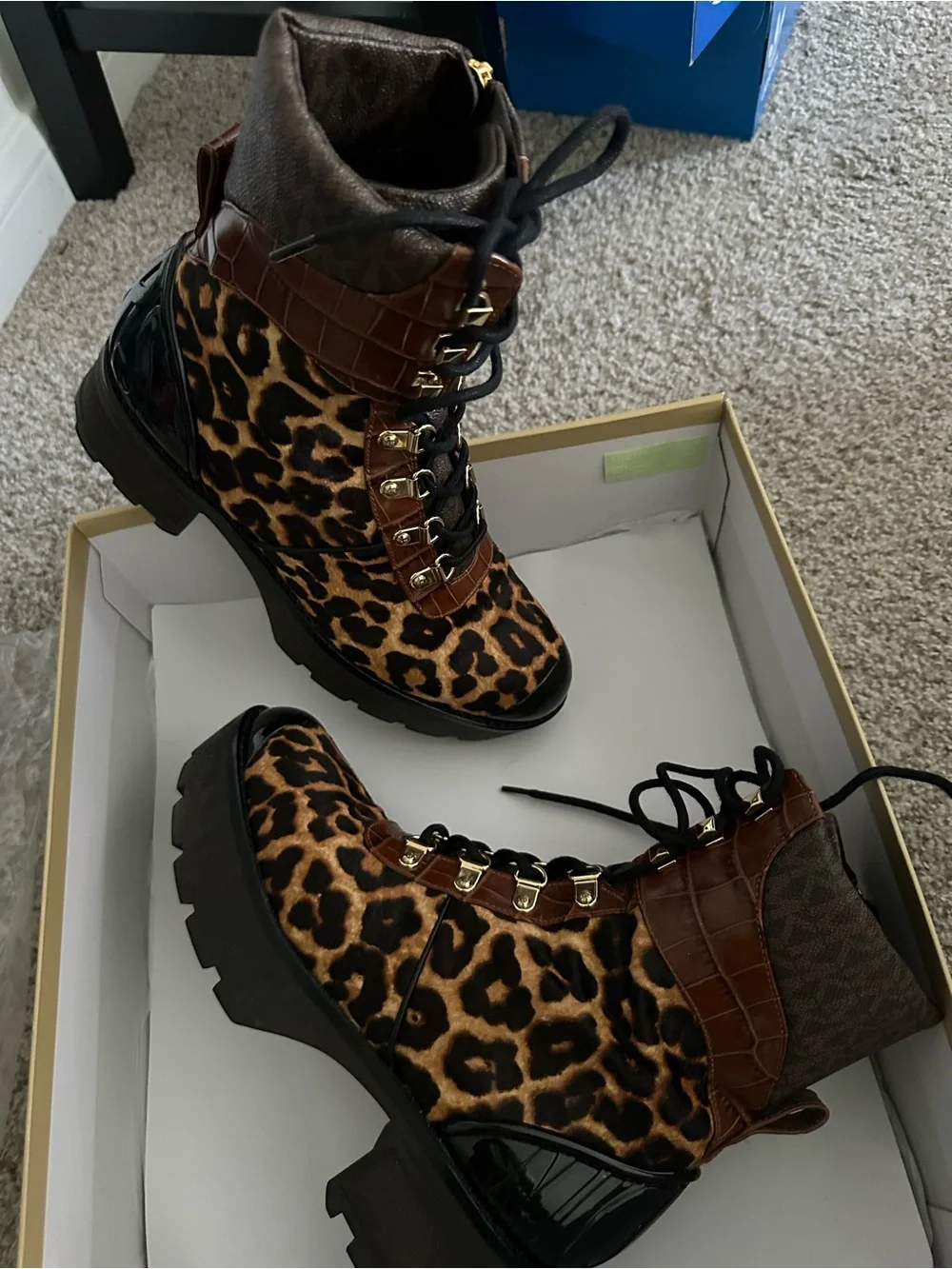 Michael Kors Women Leopard Print Lace-Up Combat Boots - Brown